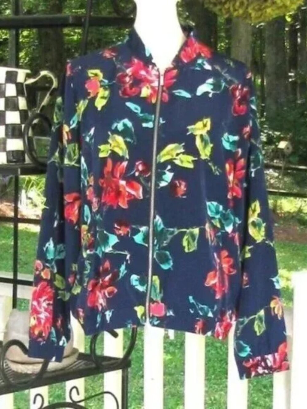 Susan Graver floral peachskin zip front bomber jacket Large softshell luxury - Picture 3 of 5